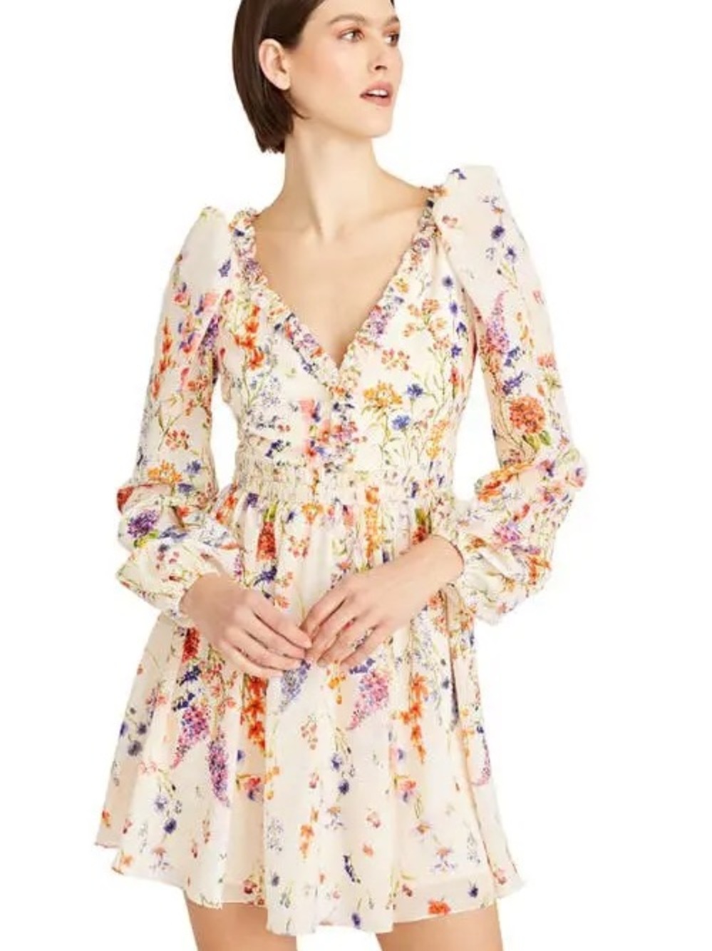 Monique Lhuillier| ‘Lila’ Cream Floral Print Chiffon Mini Dress Sz 10